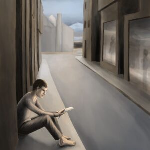 Silent-Art Gemälde 2024-11-07 - Lesend am Rand der stillen Stadt