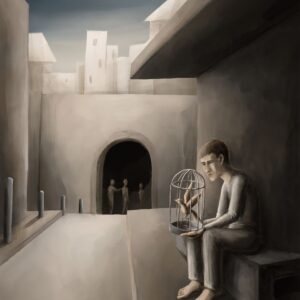 Silent-Art Gemälde 2024-11-10 - Mit dem Vogelkäfig am Rand der Stadt