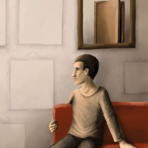 Silent-Art Gemälde 2024-12-02 - Rotes Sofa und leere Wände