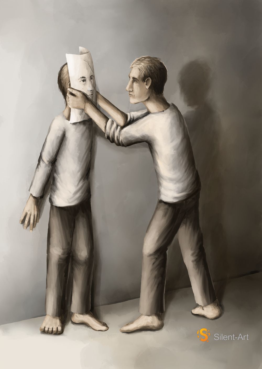 Silent-Art Gemälde 2024-12-09 - Papiergesicht im grauen Raum 1 Silent-Art Gemälde 2024-12-09 - Papiergesicht im grauen Raum