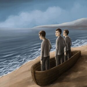 Silent-Art Gemälde 2025-01-001 - Drei Figuren im Holzboot auf Sand
