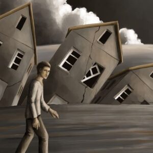 Silent-Art Gemälde 2025-01-006 - Der Gang durch die neigende Stadt