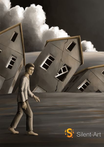 Silent-Art Gemälde 2025-01-006 - Der Gang durch die neigende Stadt 1 Silent-Art Gemälde 2025-01-006 - Der Gang durch die neigende Stadt