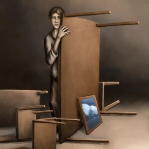 Silent-Art Gemälde 2025-01-008 - Stille Ordnung zwischen gekippten Möbeln