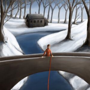 Silent-Art Gemälde 2025-01-014 - Der rote Faden über der Brücke im Schnee