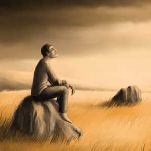 Silent-Art Gemälde 2025-01-015 - Auf dem Stein im goldenen Grasfeld