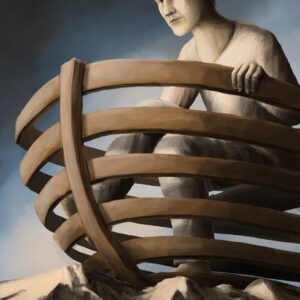 Silent-Art Gemälde 2025-02-001 - Figur zwischen geschwungenen Holzbootbögen