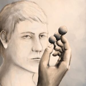 Silent-Art Gemälde 2025-02-002 - Blick auf vier dunkle Kugeln