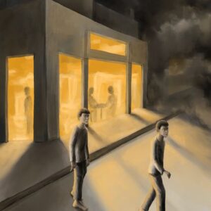 Silent-Art Gemälde 2025-02-003 - Zwei Figuren vor leuchtendem Nachtgebäude