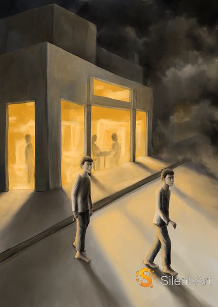 Silent-Art Gemälde 2025-02-003 - Zwei Figuren vor leuchtendem Nachtgebäude 1 Silent-Art Gemälde 2025-02-003 - Zwei Figuren vor leuchtendem Nachtgebäude