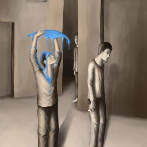 Silent-Art Gemälde 2025-02-004 - Blaue Substanz zwischen hohen Wänden