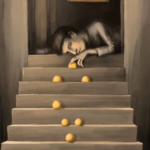 Silent-Art Gemälde 2025-02-009 - Gelbe Sphären auf grauen Steinstufen