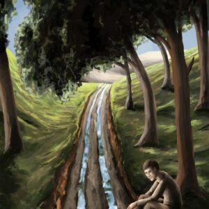 Silent-Art Gemälde 2025-02-011 - Pfad aus blauem Licht im Schattenhang