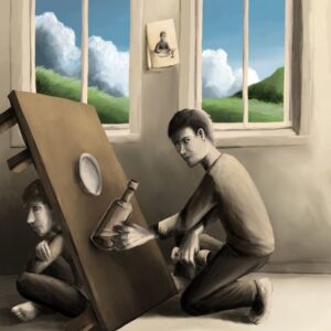 Teller und Flasche am aufgestellten Tisch - Silent-Art-2025-07-004