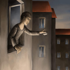 Mann mit Gegenstand am Fenster - Silent-Art-2025-08-009