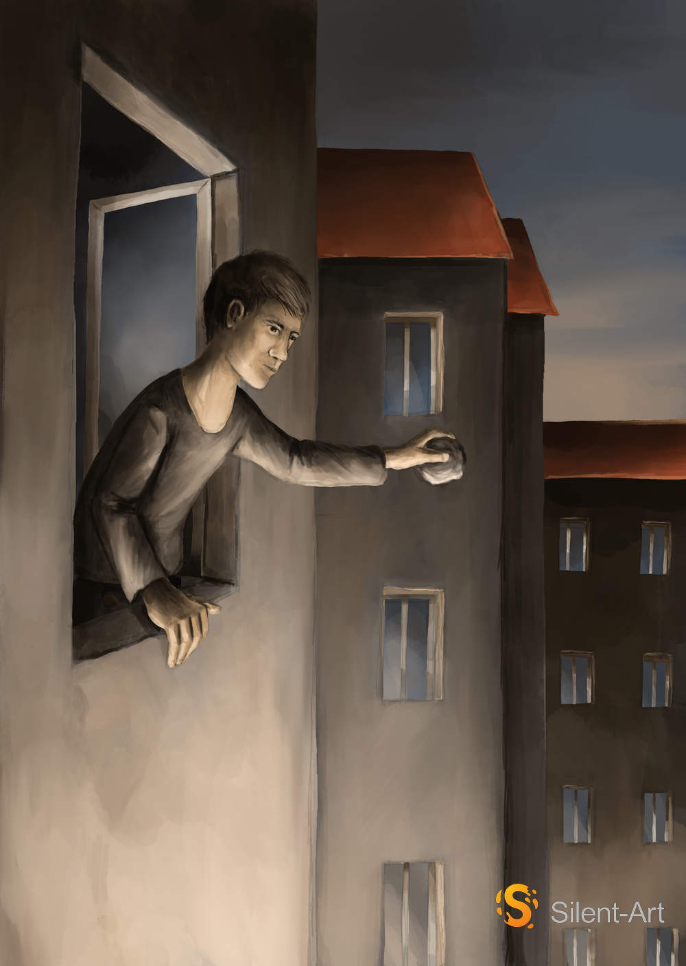Mann mit Gegenstand am Fenster - Silent-Art-2025-08-009 1 Mann mit Gegenstand am Fenster - Silent-Art-2025-08-009